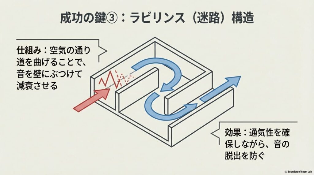 通気性と防音を両立させる「ラビリンス（迷路）構造」の図解。空気の通り道を曲げることで、音を壁にぶつけて減衰させる仕組み。