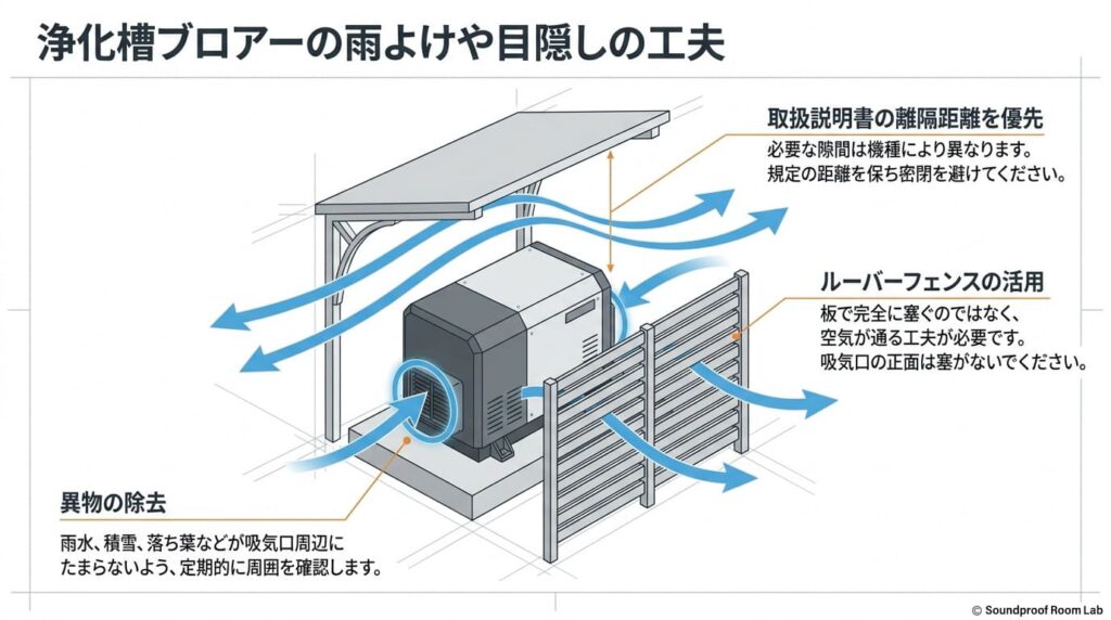 浄化槽ブロワーの雨よけや目隠しの工夫:要約図解