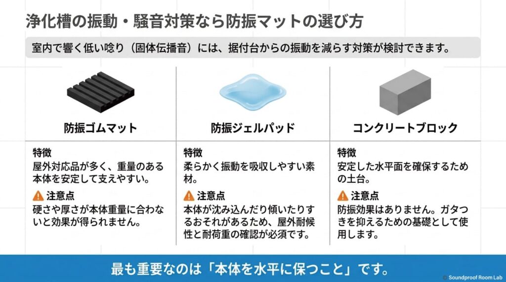 浄化槽の振動・騒音対策なら防振マットの選び方:要約図解