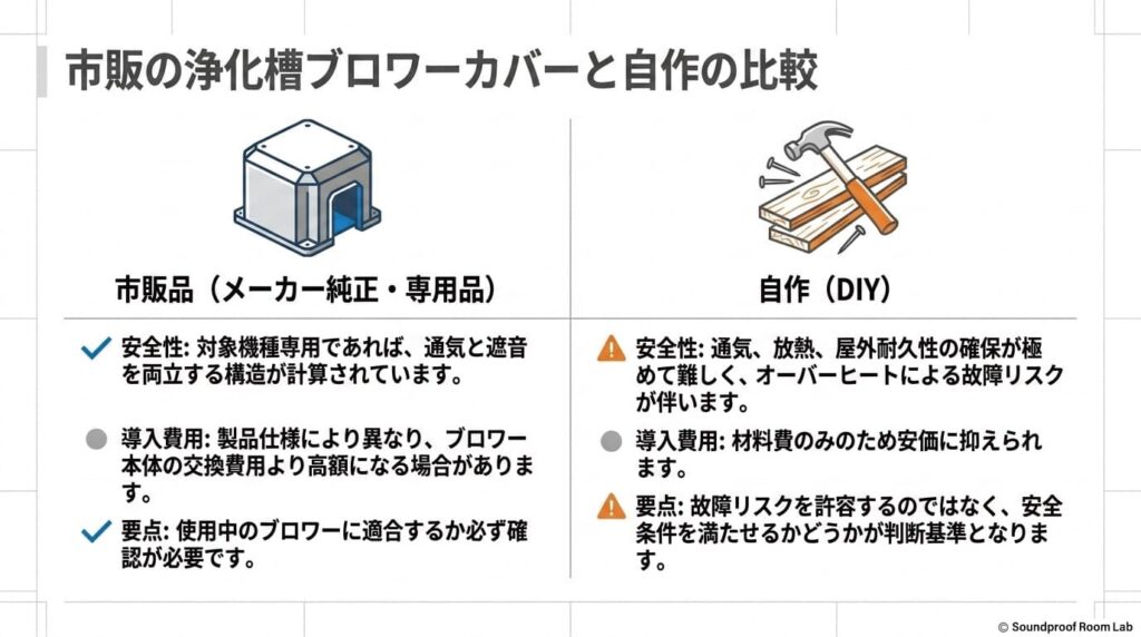 市販の浄化槽ブロワーカバーと自作の比較:要約図解