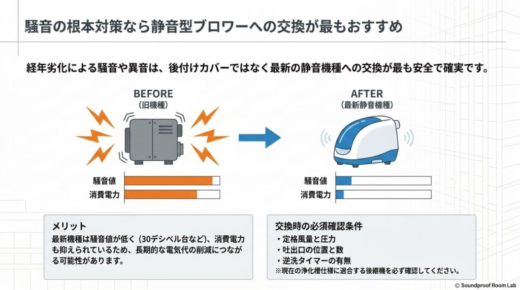騒音の根本対策として静音型ブロワーへの交換を検討:要約図解