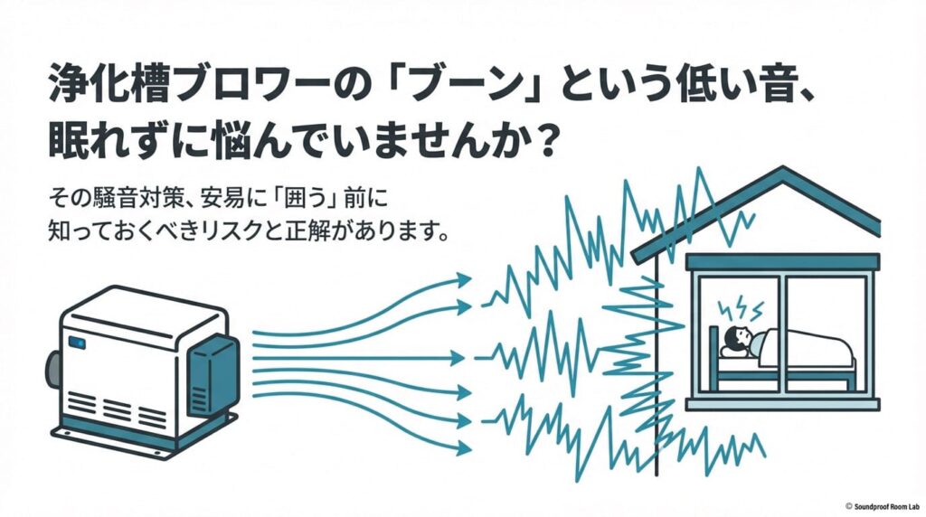 浄化槽ブロワーの音に悩む人向けに、防音カバー自作のリスクと正しい解決策の概要を示した導入スライド。