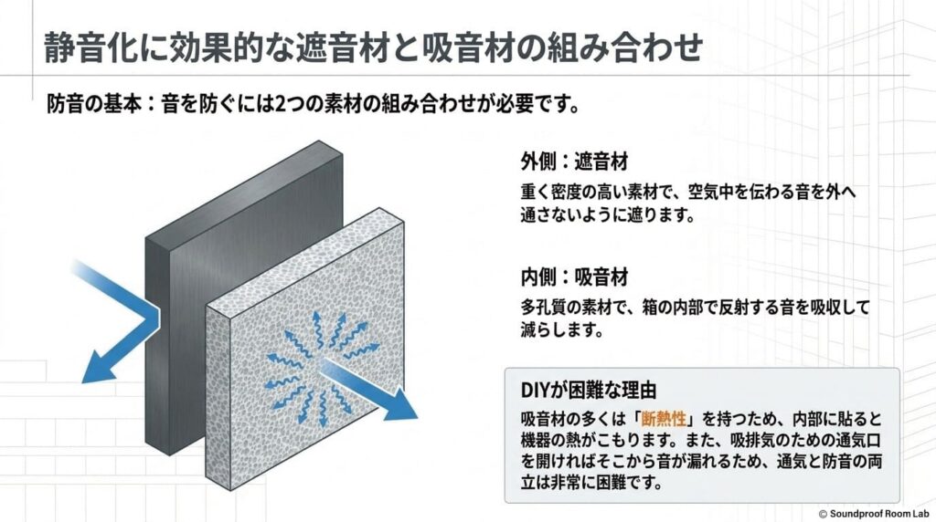 静音化に効果的な遮音材と吸音材の組み合わせ:要約図解