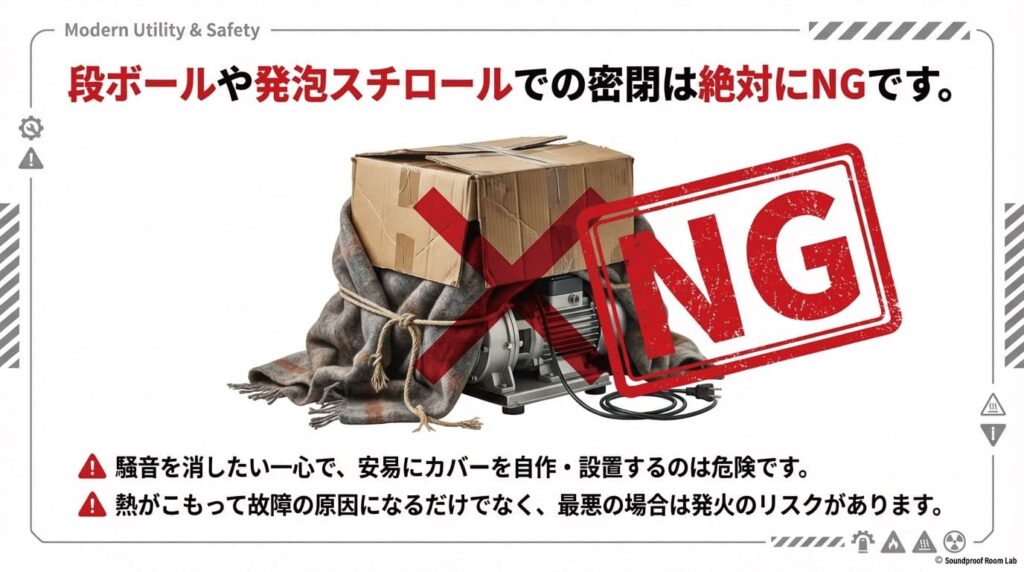 段ボールや発泡スチロールでブロワーを囲うと、熱がこもり火災や故障の原因になるため絶対にNGであることを警告するスライド。