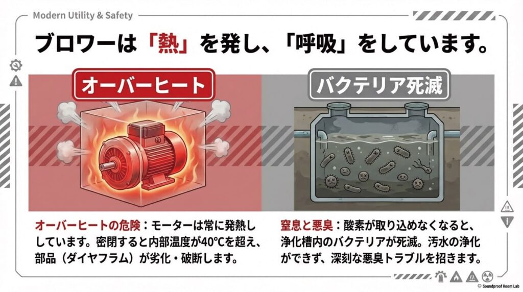 密閉により内部温度が上昇し、バクテリアが死滅して浄化槽から悪臭が発生するメカニズムを解説したスライド。