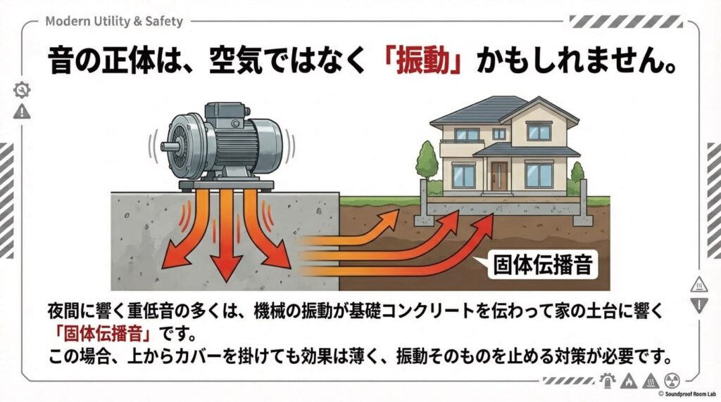 浄化槽ブロワーの振動が基礎コンクリートを伝わり、家全体に響く「固体伝播音」の仕組みを図解したスライド。