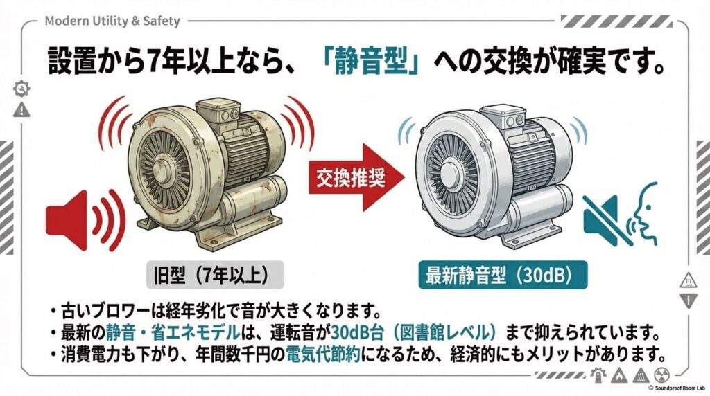 古いブロワーと最新の静音・省エネモデルの騒音値および年間電気代の削減効果を比較したスライド。