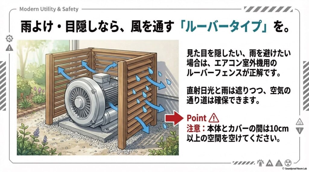 視線や雨を遮りつつ通気性を確保できるルーバータイプのエアコン室外機カバーやフェンスの設置を推奨するスライド。