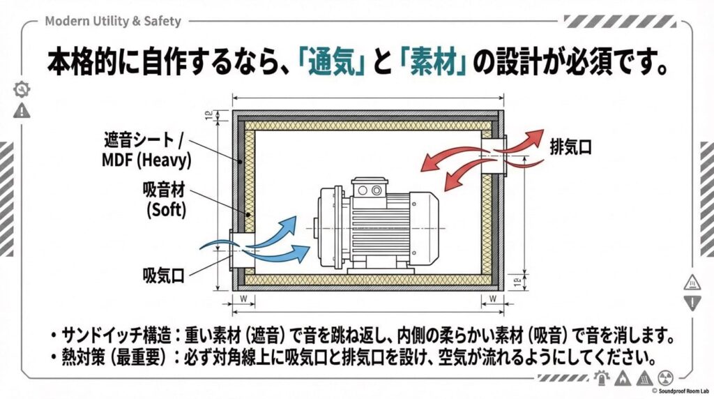 遮音材（重い素材）と吸音材（柔らかい素材）のサンドイッチ構造に加え、熱対策として吸気口と排気口を対角線上に配置した設計図解 。