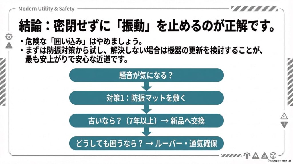 危険な「囲い込み」を避け、防振マット、機器更新（7年以上）、ルーバー設置の順で検討することを推奨する最終まとめスライド 。