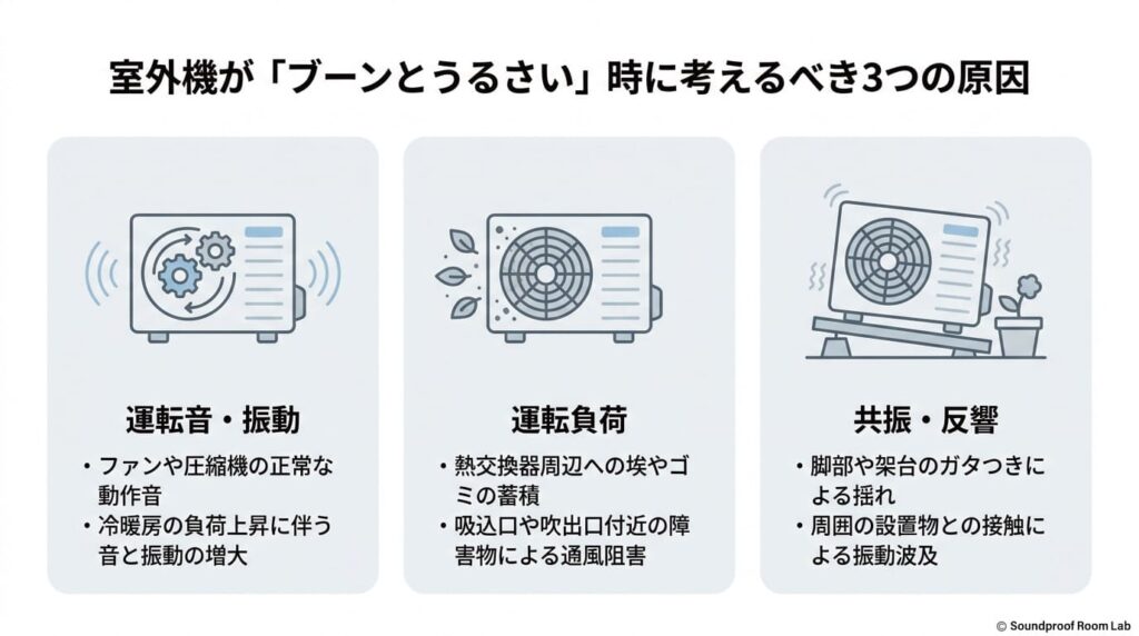 室外機が「ブーンとうるさい」時に考えるべき3つの原因：要約図解