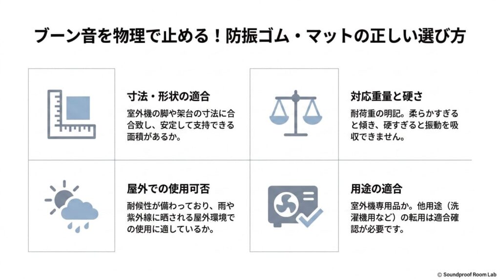 ブーン音の振動を減らす｜防振ゴム・マットの正しい選び方：要約図解