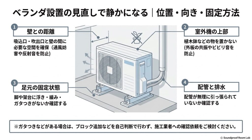 ベランダ設置の見直しで静かになる｜位置・向き・固定方法：要約図解