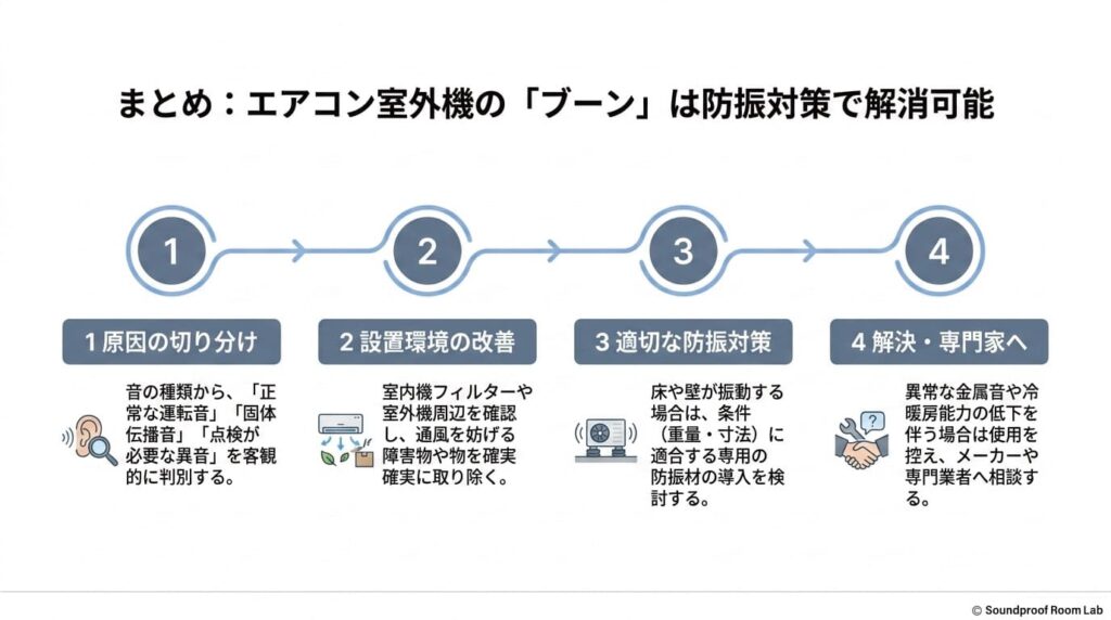 まとめ：室外機の「ブーン」は原因を切り分けて対策する：要約図解