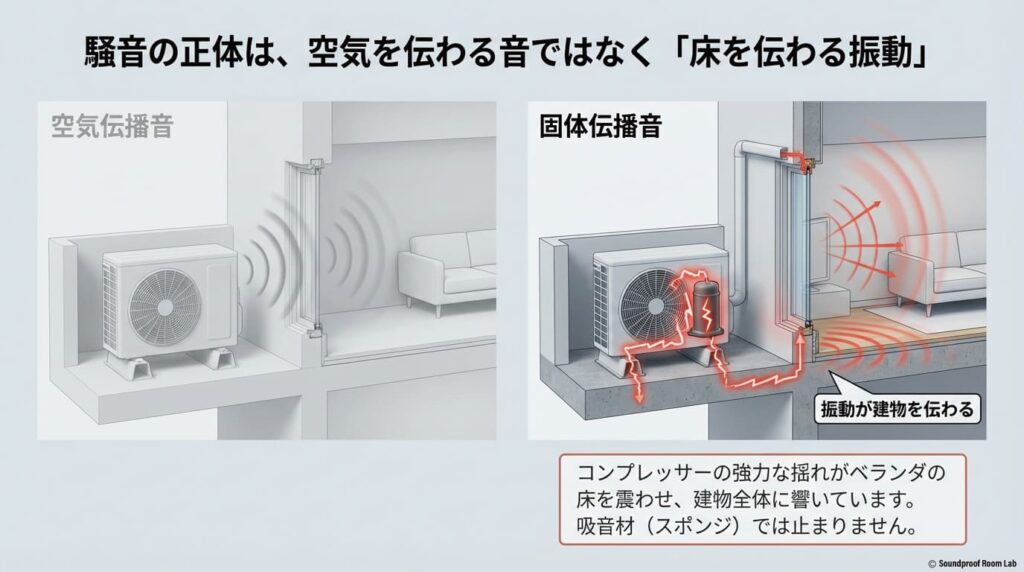 騒音の正体が「空気伝播音」ではなく、コンプレッサーの揺れが床を震わせる「固体伝播音」であることを図解した仕組み解説スライド。