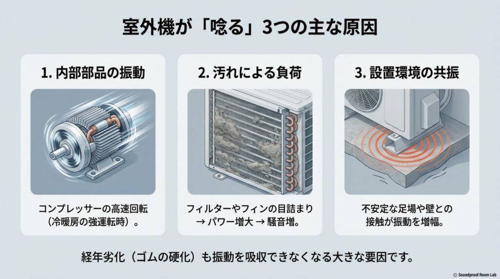 室外機が唸る3つの主な原因（内部部品の振動、汚れによる負荷、設置環境の共振）をまとめたスライド。経年劣化によるゴムの硬化についても言及。
