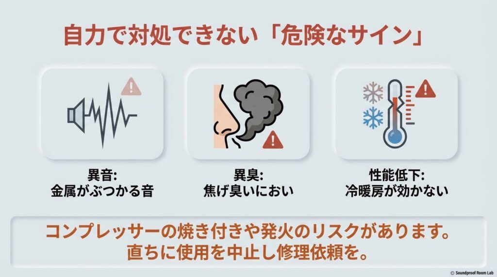 自力で対処できない「危険なサイン」（金属音、焦げ臭いにおい、性能低下）を図解し、使用中止と修理依頼を促す警告スライド。