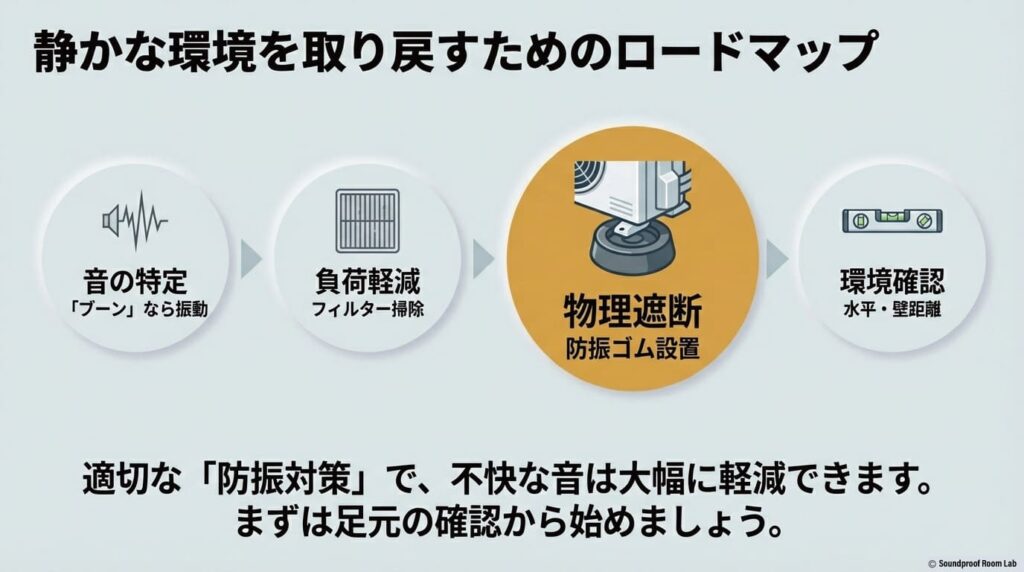 静かな環境を取り戻すためのロードマップ。音の特定、負荷軽減、物理遮断、環境確認の4ステップを総括する最終スライド。