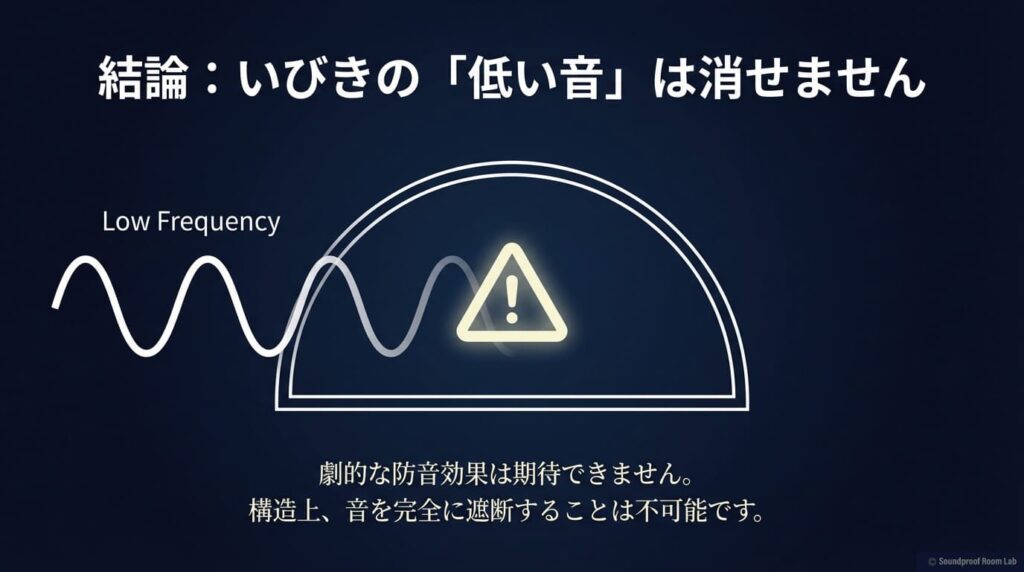 いびきの「低い音（低周波音）」は構造上消すことができず、劇的な防音効果や完全な遮断は期待できないという結論を示す図解スライド 。