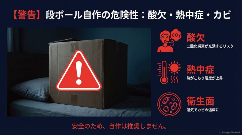 段ボールドームを自作する際の、酸欠（二酸化炭素充満）、熱中症（熱のこもり）、衛生面（カビ）の3つのリスクを警告するスライド 。