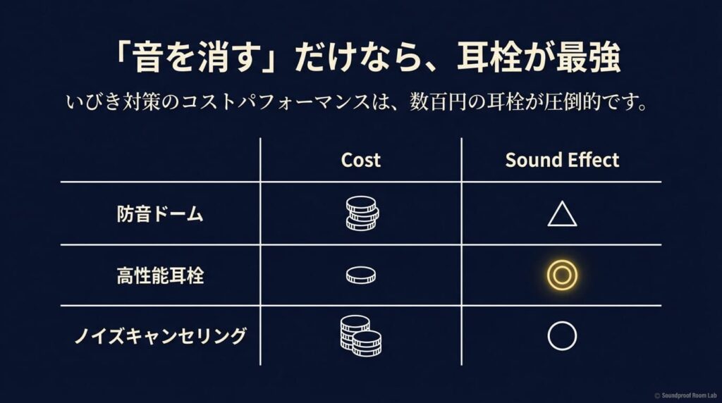 防音ドーム、高性能耳栓、ノイズキャンセリングの費用対効果を比較し、「音を消す」目的なら数百円の耳栓が最強であることを示す比較スライド 。