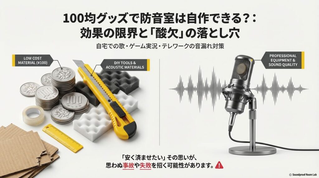 100均素材での防音室自作の限界と、酸欠や熱中症といったリスクに触れる導入スライド。