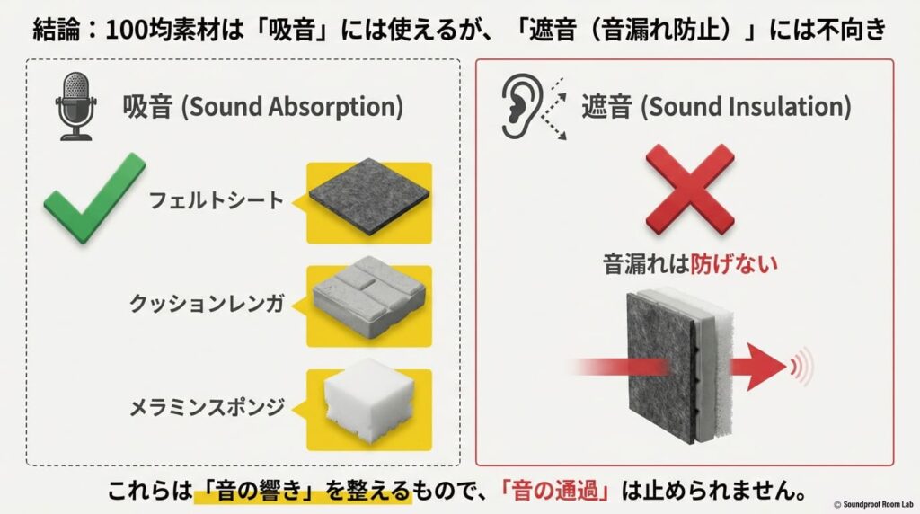 100均素材は音の響きを整える「吸音」には使えるが、音漏れを防ぐ「遮音」には不向きであることを示した結論スライド。