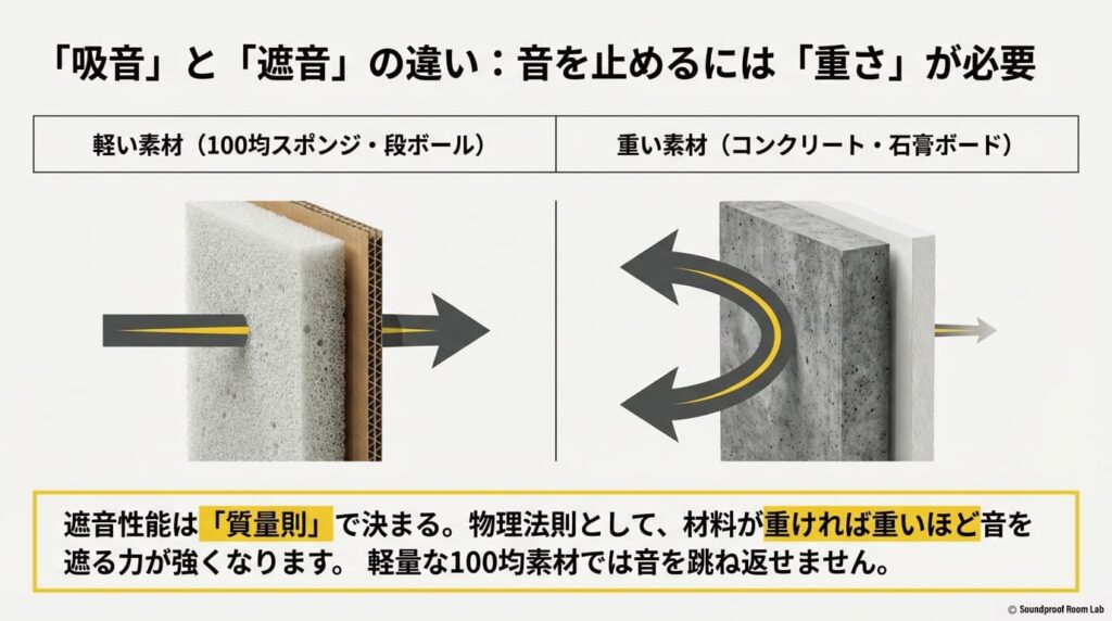 吸音と遮音の違いを解説し、音を止めるには重い素材が必要である「質量則」を、スポンジとコンクリートの比較で説明する図解スライド。