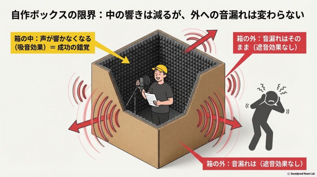 自作ボックスの限界として、箱の中の声が響かなくなる「吸音」は成功しても、箱の外への音漏れである「遮音」は変わらない現象を説明するスライド。