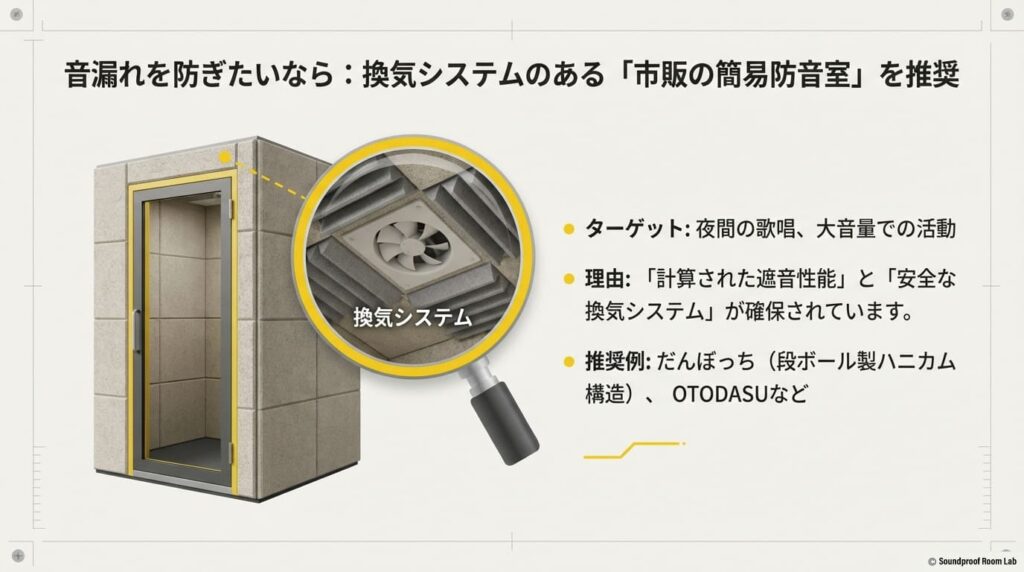 音漏れ防止が目的の場合に、換気システムと計算された遮音性能を持つ市販の簡易防音室（だんぼっち等）を推奨するスライド。