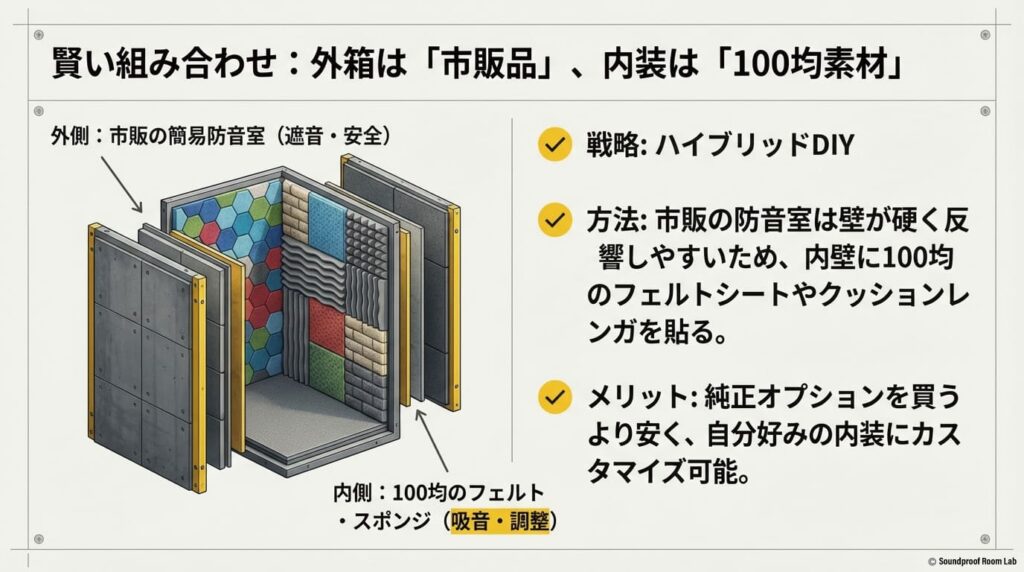 市販の防音室を外箱にし、内装の吸音調整に100均素材を活用する「ハイブリッドDIY」を提案する構造図のスライド。
