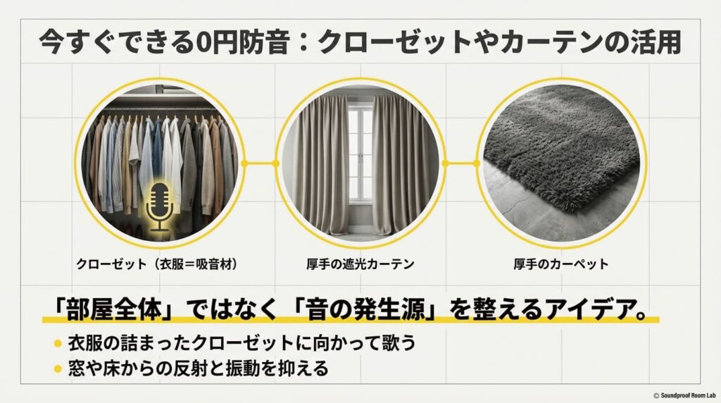 クローゼット、厚手の遮光カーテン、厚手のカーペットなどを活用し、音の発生源の環境を整える「0円防音」のアイデアをまとめたスライド。