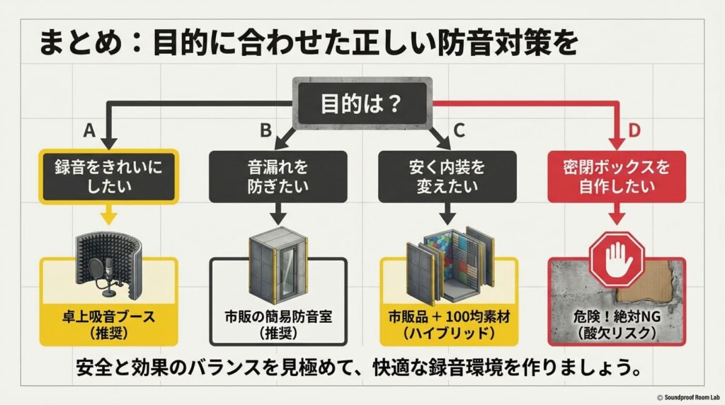 録音向上・音漏れ防止・内装調整・自作のリスクなど、目的に合わせた正しい防音対策を分類してまとめた最終確認スライド。