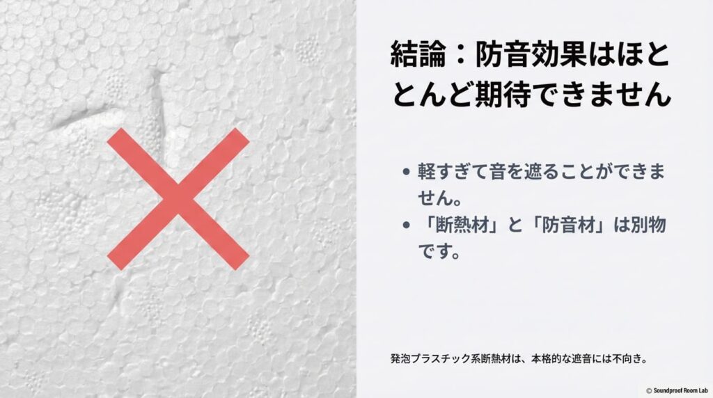 発泡スチロールは軽すぎて音を遮ることができず、断熱材と防音材は別物であるという結論を示すスライド。
