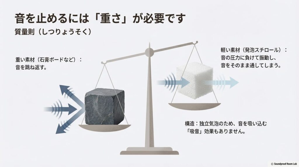 音を止めるには重さが必要な「質量則」を解説し、重い素材は音を跳ね返すが、軽い発泡スチロールは音の圧力で振動して通してしまうことを示す図。