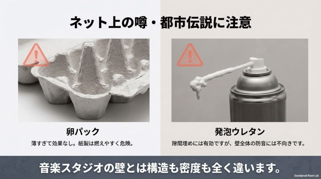 卵パックは薄すぎて効果がなく、発泡ウレタンは隙間埋めには有効だが壁全体の防音には不向きであるというネット上の噂に対する注意点。