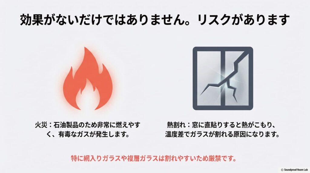 燃えやすい素材による火災リスクと、窓への直貼りで生じる温度差(熱割れ)によりガラスが割れる危険性を警告するスライド。