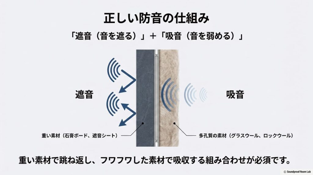 重い素材(遮音)で音を跳ね返し、多孔質の素材(吸音)で音を弱めるという、正しい防音の組み合わせを解説する構造図。