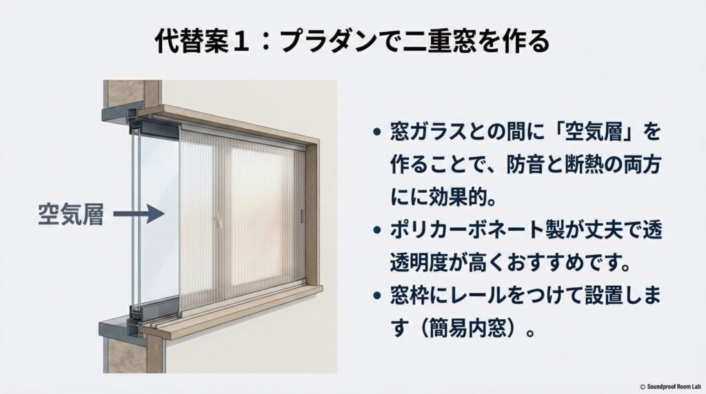 プラダンで窓を二重化し、「空気層」を作ることで防音と断熱の両方に効果を発揮する簡易内窓のアイデア。