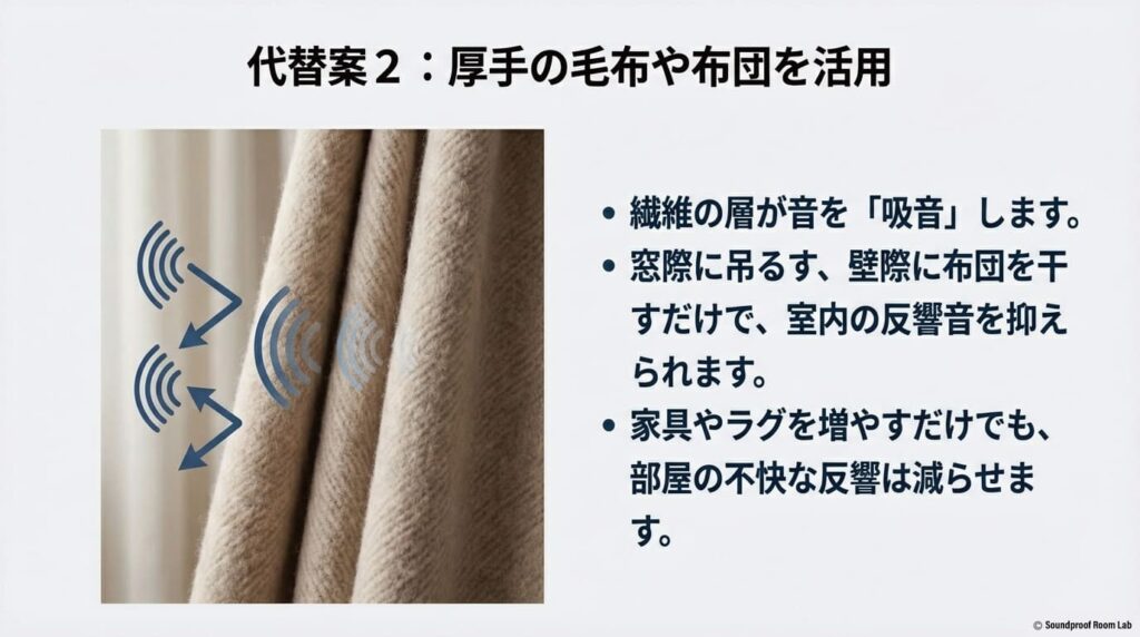 厚手の毛布や布団などの繊維層が音を吸音し、窓際や壁際に吊るすだけで室内の反響音を抑えられる対策を示すスライド。