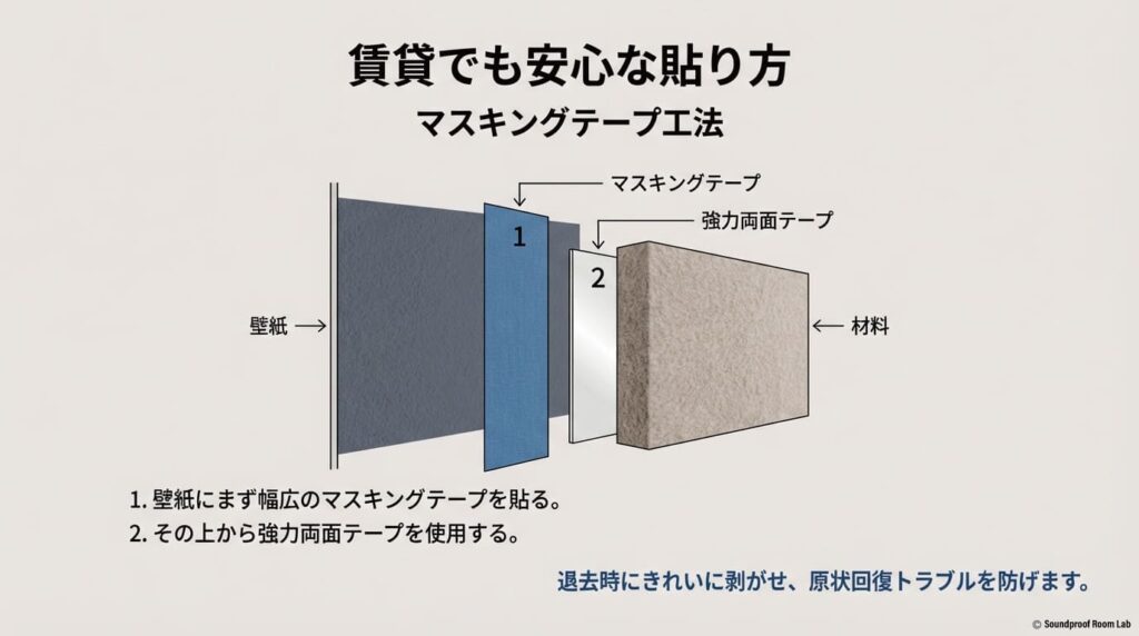 壁紙にまずマスキングテープを貼り、その上から強力両面テープを使用することで退去時の原状回復トラブルを防ぐ貼り方の手順。