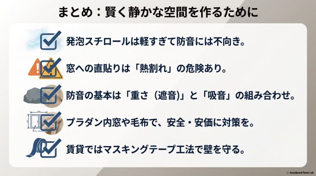 発泡スチロールは防音不向きであること、熱割れ注意、正しい防音は遮音と吸音の組み合わせ、といった重要ポイントを整理したまとめスライド。