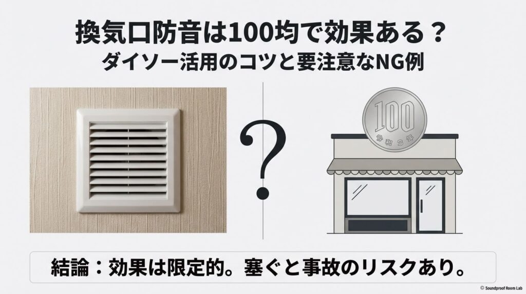 換気口防音に100均グッズは効果があるのか?ダイソー活用のコツと要注意なNG例をまとめた表紙スライド。
