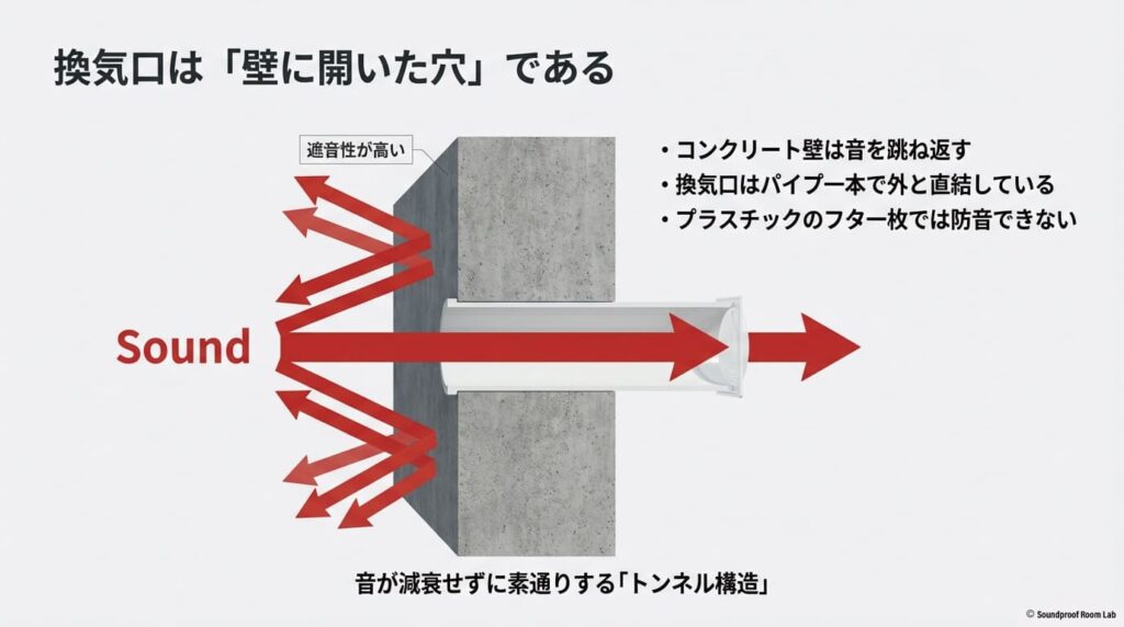 コンクリート壁は音を跳ね返すが、換気口はパイプ一本で外と直結しており、音が減衰せずに通り抜ける仕組みを示す図。