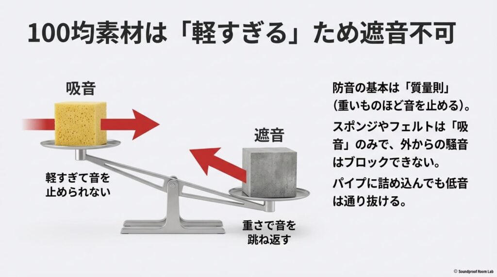 重いものほど音を跳ね返すという質量則の図。100均のスポンジやフェルトは軽すぎて吸音しかできず、遮音には不向きであることを解説。