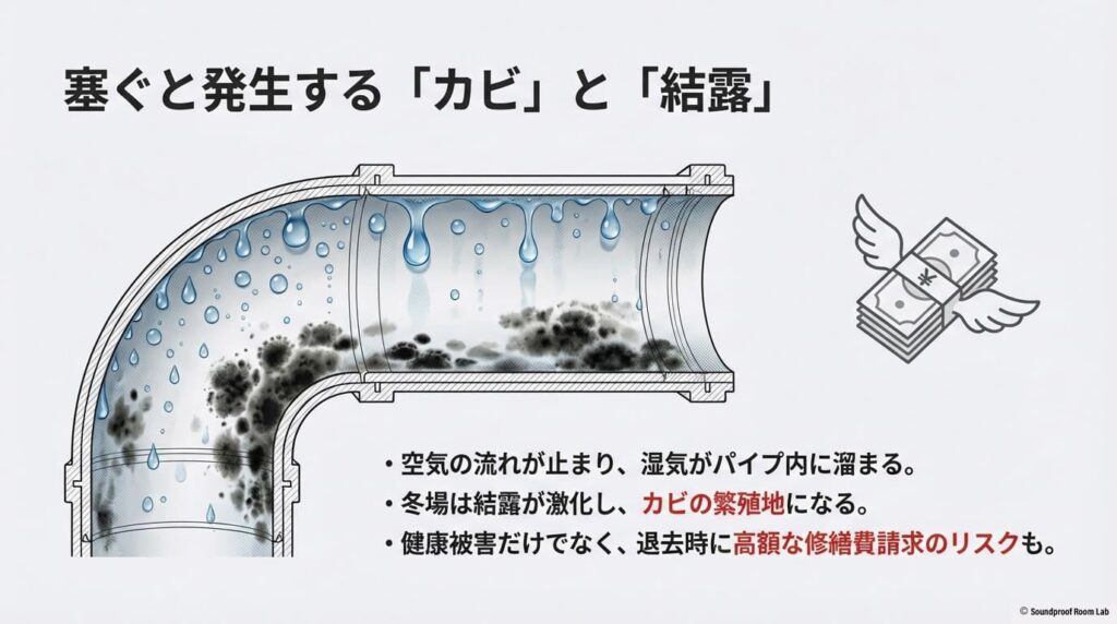 空気の流れが止まり、パイプ内に湿気が溜まってカビが発生する様子と、退去時の高額な修繕費請求のリスクを示す図。