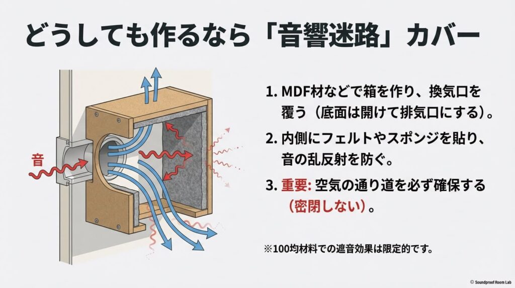 MDF材やスポンジを使い、空気の通り道を確保しながら音を迂回させて減衰させる自作カバーの設計図。