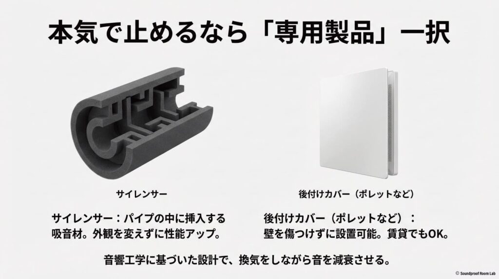 パイプ内に挿入する消音材や、後付けカバー「ポレット」など、換気と防音を両立する専用製品の紹介。