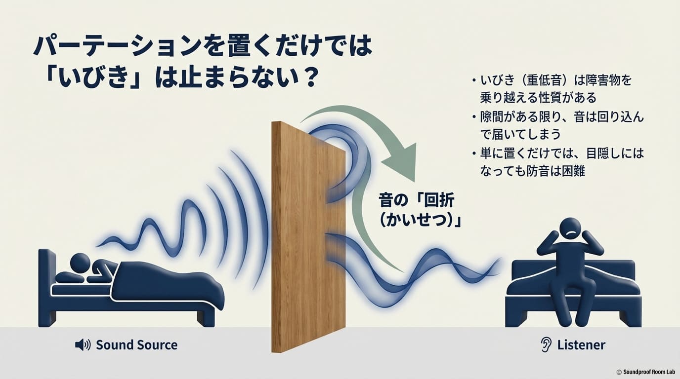 音が障害物を乗り越えて伝わる「回折（かいせつ）」現象により、隙間があるパーテーションだけではいびきの音を防ぐのが難しい理由を説明する図解 。