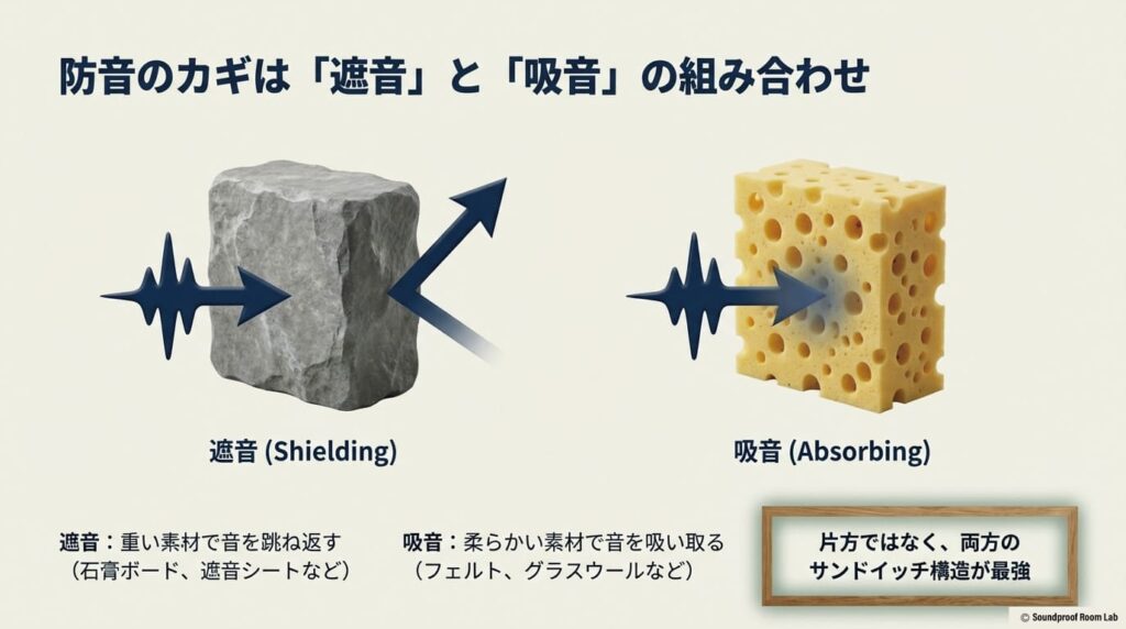 重い素材で音を跳ね返す「遮音」と、柔らかい素材で音を吸い取る「吸音」を組み合わせたサンドイッチ構造が防音のカギであることを示す比較図 。